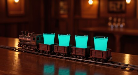 A whimsical train carrying glowing blue drinks on a wooden bar with warm ambient lighting