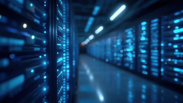 Modern server room with rows of large data center hard drives illuminated by blue lights, high resolution professional color grading, volumetric lighting, depth-of-field and photorealistic rendering.
