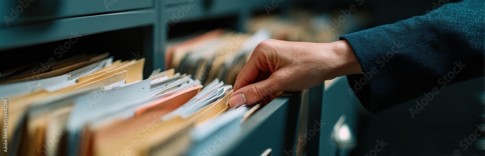 Poster a hand in a blue jacket reaches into a gray filing cabinet filled with documents in colored file fol