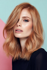 Naklejka premium redhead woman with blue eyes and soft makeup posing with wavy hair, wearing black top against pastel blue and pink geometric background, gentle natural style