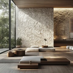 Modern Living Room Interior with Stone Wall, Wooden Decor, & Large Window