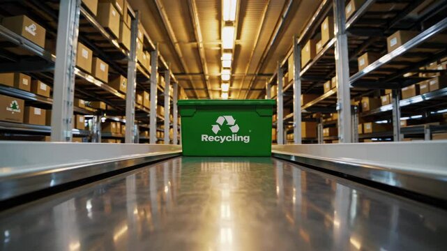 Green recycling container moving on conveyor belt in warehouse