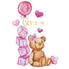 Watercolor baby shower illustrations set with teddy bear and baloons for child party greeting cards, kids birthday invitations, website and packaging.
