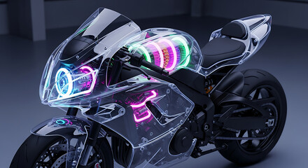 Fototapeta premium Colorful neon motorcycle glowing in a dark environment.