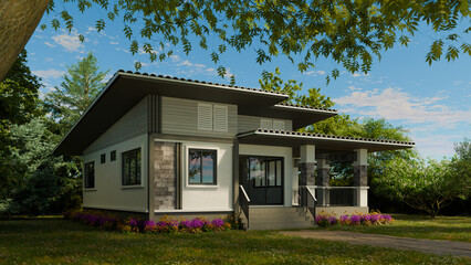 A 3D-rendered modern single-story house with contemporary architecture features clean lines, flat roofs, stone and white siding, surrounded by lush green landscaping and colorful flowers.