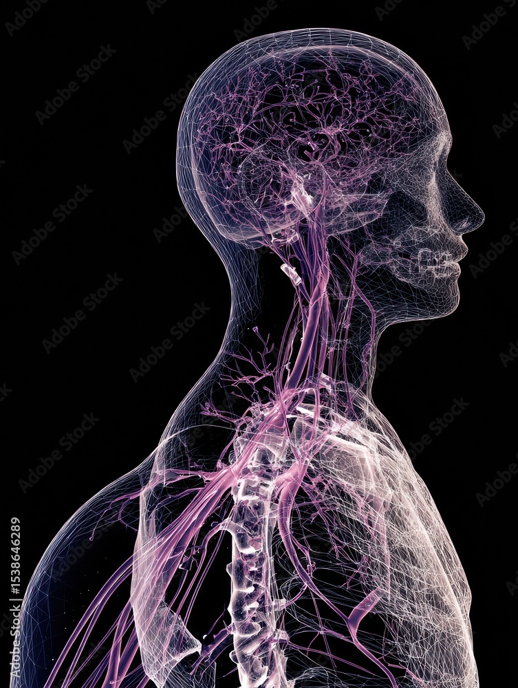 Poster stylized wireframe representation of a human body highlighting the intricate details of the nervous 
