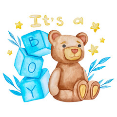 Watercolor baby shower illustrations set with teddy bear and baloons for child party greeting cards, kids birthday invitations, website and packaging.