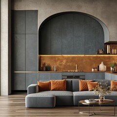 Modern Luxury Kitchen Interior With Sofa, Minimalist Design and Gold Accents