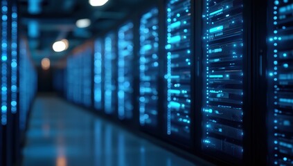 Modern server room with rows of large data center hard drives illuminated by blue lights, high resolution professional color grading, volumetric lighting, depth-of-field and photorealistic rendering.​