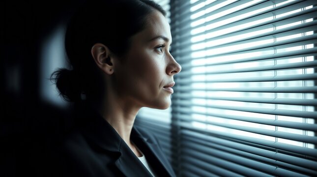 A woman in a business suit gazes out a window with blinds