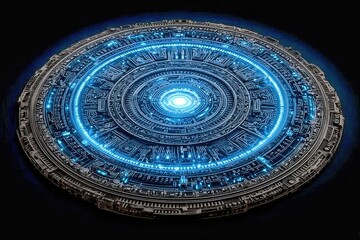 A highly detailed and intricate digital artwork depicting the advanced technology of an alien civilization, featuring a blue light matrix