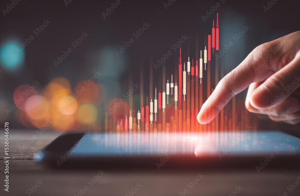 Poster a hand touches a rising stock chart projected from a tablet with bokeh lights in the background
