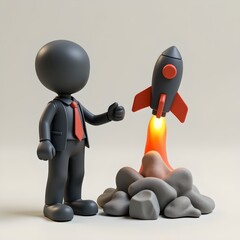 faceless 3d clay figures, launching gear rocket from base, business acceleration, startup style