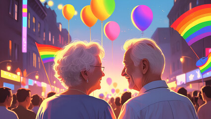 Senior couple watching Pride parade, holding each other, surrounded by rainbow balloons