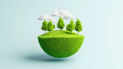 Floating green eco island with trees, clouds, pastel background; sustainability concept