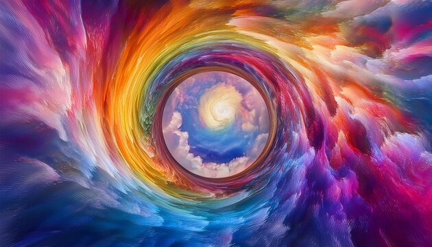 whimsical swirling vortex of vibrant hues and ethereal clouds in a kaleidoscopic dreamscape