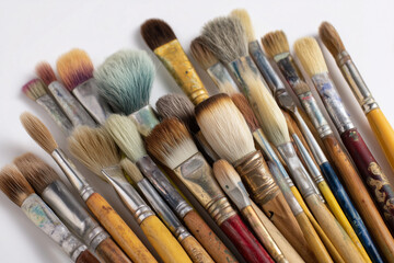 Fototapeta premium Various paintbrushes with different shapes, sizes, and colors organized closely, showing artistic tools with bristles used for painting and creative expression.