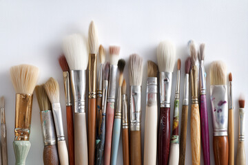 Set of used painting brushes with various shapes and bristle textures arranged against white textured background, showing wear and colorful paint stains in detail.
