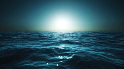 Obraz premium An eerie empty deep sea surface at twilight, with subtle ripples and fading natural light over endless dark water