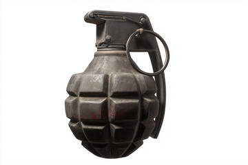 Fototapeta premium old hand grenade with safety pin isolated on white background, military weapon, metal texture, close-up, vintage explosive device with worn surface