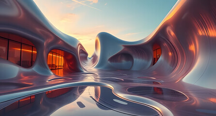Futuristic Organic Architecture: Dynamic Flowing Forms and Reflective Surfaces at Sunset
