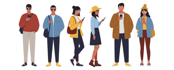 Fototapeta premium Flat vector people waiting for taxi or rideshare