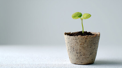 A fresh young green seedling with cotyledon leaves emerges from soil inside a textured biodegradable pot placed on a clean white surface against a neutral background