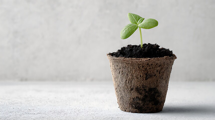 A fresh young green seedling with cotyledon leaves emerges from soil inside a textured biodegradable pot placed on a clean white surface against a neutral background