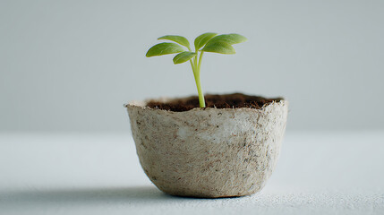 A fresh young green seedling with cotyledon leaves emerges from soil inside a textured biodegradable pot placed on a clean white surface against a neutral background