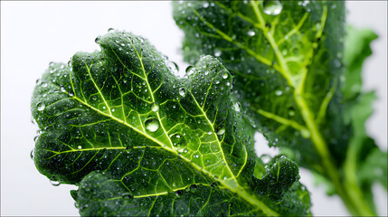  A vibrant close-up of dark green kale leaves with water droplets suspended and rolling off the surface set against a bright white background capturing the freshness and texture