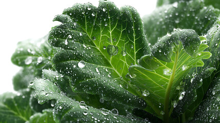  A vibrant close-up of dark green kale leaves with water droplets suspended and rolling off the surface set against a bright white background capturing the freshness and texture