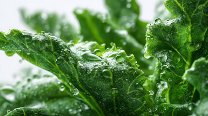  A vibrant close-up of dark green kale leaves with water droplets suspended and rolling off the surface set against a bright white background capturing the freshness and texture