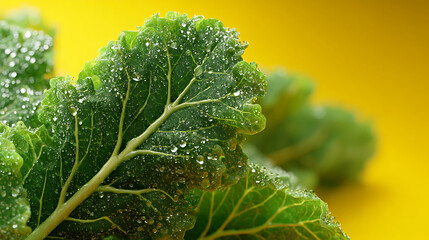 A vivid close-up of fresh kale leaves covered in sparkling water droplets set against a bright yellow background emphasizing the contrast and texture of the leafy surface