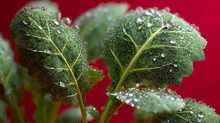  A detailed close-up of vibrant green kale leaves covered in glistening water droplets set against a bold red backdrop highlighting the texture and veining of each leaf