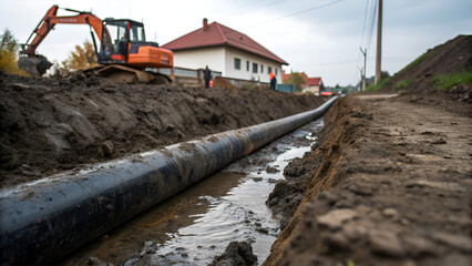 Underground installation of a sewage plastic Pipeline&ndash; Construction Site with Excavator and Residential Background