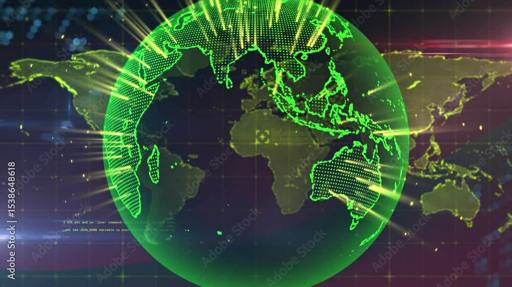 Poster swiping overlay shifting map into rotating holographic globe in grid display with golden data rays
