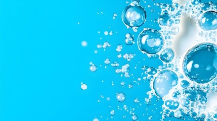 Close-up of soapy bubbles on a bright blue background
