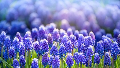 close up background of purple muscari or blue grape hyacinth flowers in field in spring
