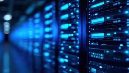 Modern server room with rows of large data center hard drives illuminated by blue lights, high resolution professional color grading, volumetric lighting, depth-of-field and photorealistic rendering.​