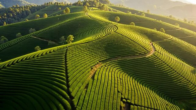 Aerial View of Green Plantation on Rolling Hills at Sunrise