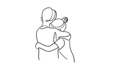Brother hugs sister, continious line drawing. Summer holidays outline. Vector illustration