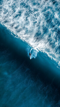 aerial view of surfer riding large blue ocean wave with white foam in dynamic water motion