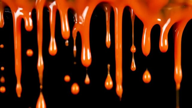 Extreme close-up of vibrant orange glossy paint dripping slowly against a solid black background