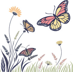 Colorful Butterflies in a Floral Meadow with Detailed Flowers and Grasses – Perfect for Nature and Spring-Themed Art and Design Projects