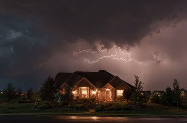 A house brightly lit with lightning striking in the cloudy sky above