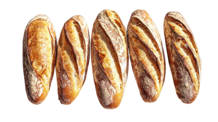 Five crusty loaves arranged closely on a dark surface