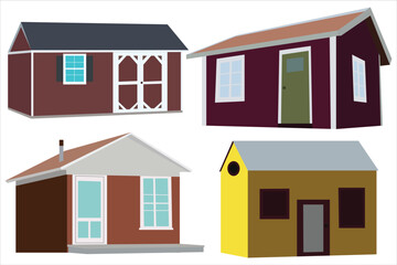 Colorful European village house set flat vector illustration on white background. Cartoon-style rural house.