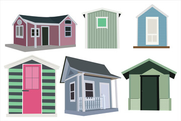 Colorful European village house set flat vector illustration on white background. Cartoon-style rural house.