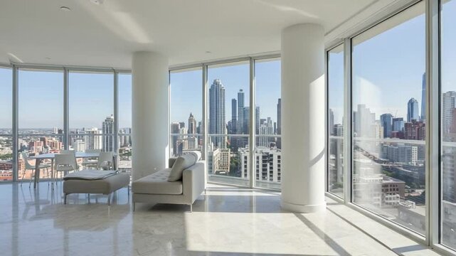 Spacious Apartment Interior with City Skyline View