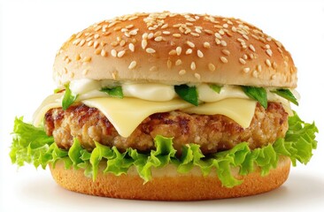 A juicy burger features sesameseed bun patty cheese lettuce  sauce